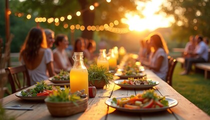 Outdoor dinner party photo with people. Wooden table setting for many guests at sunset time. Delicious food and drinks are ready. Romantic atmosphere. Friends enjoy meal together
