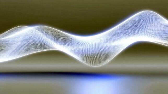 An abstract, glowing white wireframe wave with blue light reflections against a gradient background.