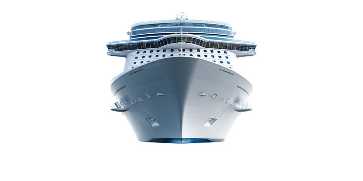 Front view of a large modern cruise ship against a stark black background