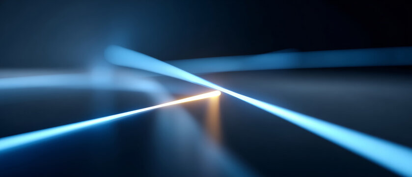 Abstract composition of intersecting blue and orange light beams on dark background with soft glow and blurred edges
