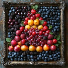 A vibrant, top-down view of a meticulously arranged assortment of fresh fruits, including blueberries, blackberries, grapes, strawberries, plums, and apricots,