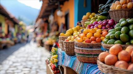 A close-up view of a fruit stall overflowing with a variety of fresh fruits like oranges, limes, and purple radishes, displayed in woven baskets. The background
