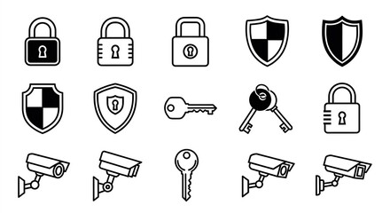 Security Icons Padlock, Shield, CCTV, Key - Safety Vector Set