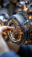 A close-up shot shows an adult's hand reaching out to touch a detailed, intricate mechanical device. The machine features gears, circuits, and glowing orange li