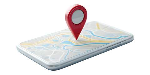 Red map pin marking a location on a smartphone displaying a digital map