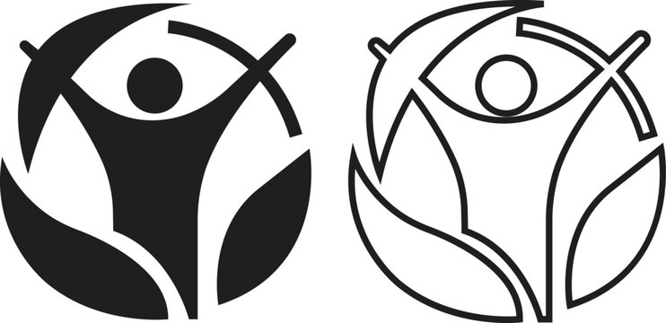 Eco friendly sustainability icon set flat and outline styles. Organic leaf and person abstract symbols. Ideal for nature protection concepts, green energy themes, environmental collection and ecology.