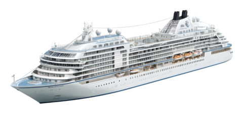 Luxurious white cruise ship sailing on the open ocean with a black background