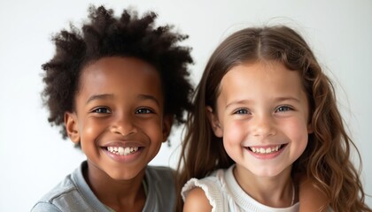 Two young kids, one Black and one White, embrace with happy smiles. They share a sweet, innocent bond of friendship and togetherness against a plain background.
