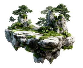 Enchanting floating island with lush greenery and ancient rocks