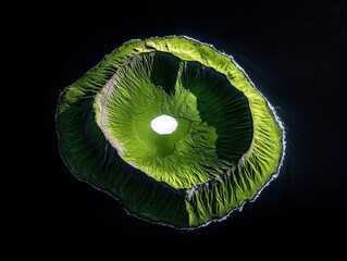 An aerial view captures a vibrant green island, shaped like a volcanic crater, with a bright white lake at its center. The island is surrounded by deep, dark wa