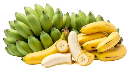 Fresh green and yellow bananas isolated on transparent background