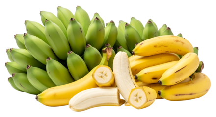 Fresh green and yellow bananas isolated on transparent background