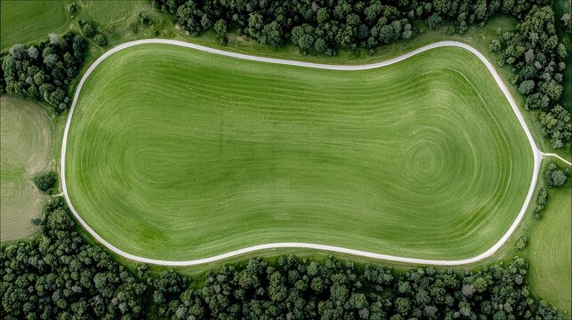 An aerial drone shot captures a vibrant green meadow with a white path winding through it. The field is bordered by a dense forest of dark green trees. The ligh
