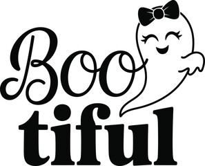 Cute ghost with bow and 'bootiful' halloween text illustration