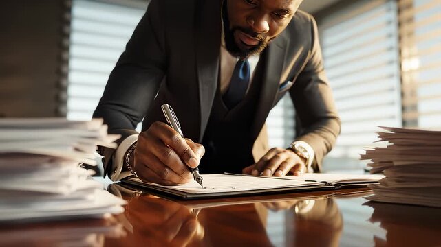 African American Man Signing Official Document on Desk in Office