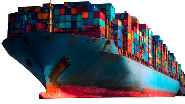 Massive cargo ship loaded with colorful shipping containers at sea
