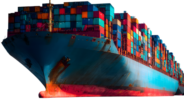 Massive cargo ship loaded with colorful shipping containers at sea