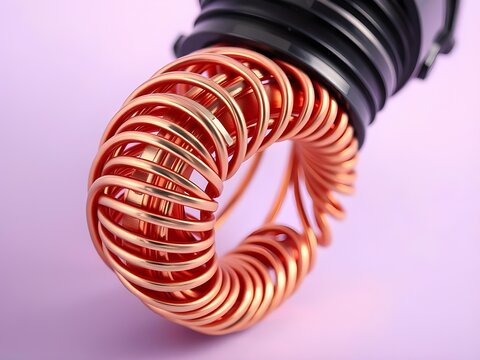 Copper Coil Winding of Electric Motor on Pastel Lavender Background