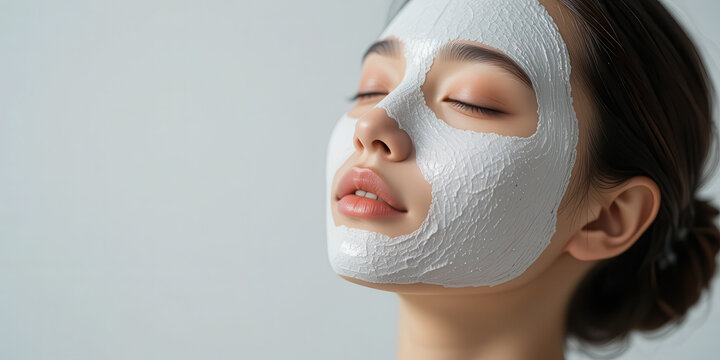 Close-up portrait of woman with white facial mask relaxing with closed eyes in soft natural light creating clean skincare concept and serene beauty wellness atmosphere
