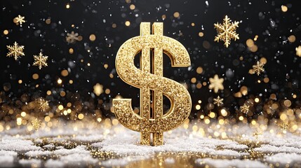 Golden dollar sign symbol on snow with sparkling bokeh lights and falling snowflakes festive wealth concept