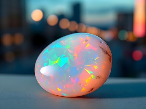 Colorful Opal Stone with Iridescent Play Amid City Lights