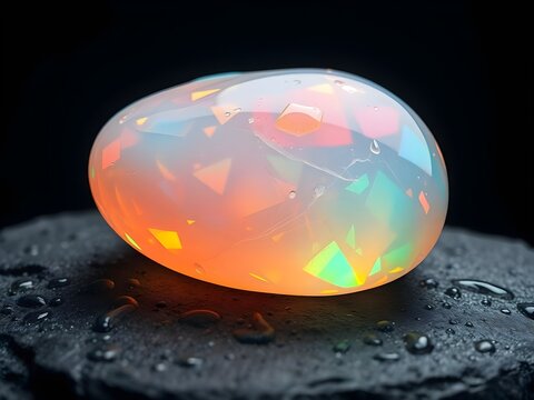 Colorful Opal with Iridescent Play on Wet Slate in Low-Key Lighting
