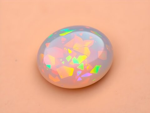 Colorful Opal Stone with Iridescent Play on Soft Peach Background