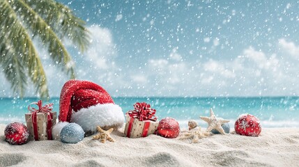 Christmas gifts and Santa hat on sandy tropical beach with palm trees and falling snow winter vacation