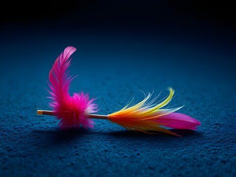 Colorful Feather Cat Toy Wand on Carpet with Reflective Lighting