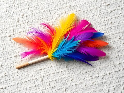 Colorful Feather Cat Toy Wand on Carpet with Pastel Morning Haze