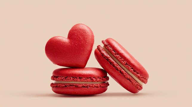 Heart shaped and round red macarons with cream filling on beige background symbolizing love romance and sweet dessert concept