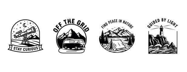 Adventure badge designs: telescope, van, tent, lighthouse