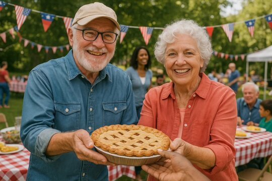 Smiling elderly couple presenting a lattice pie at an outdoor picnic with festive bunting. - Powered by Adobe