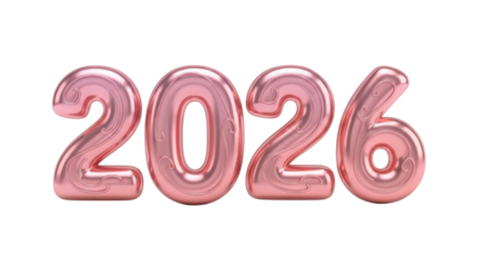 Metallic Rose Gold 3D Number Balloons Spelling Out the Year 2026 Isolated on a White Background