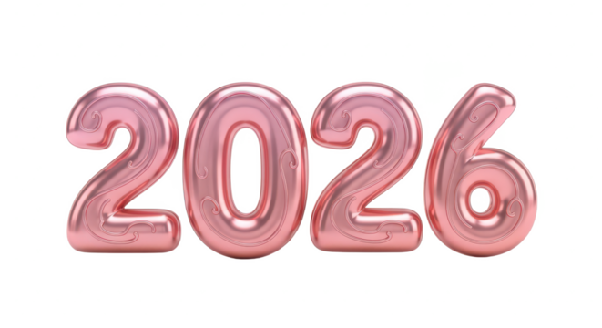 Metallic Rose Gold 3D Number Balloons Spelling Out the Year 2026 Isolated on a White Background