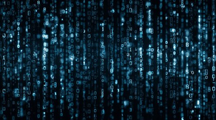 Streams of glowing digital characters cascade downward against a dark background