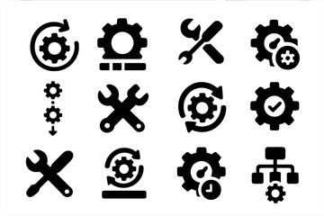 Obraz premium Configuration Icons Set. Solid style icons of configuration processes: cog with arrow, setup progress, system tuning, optimization