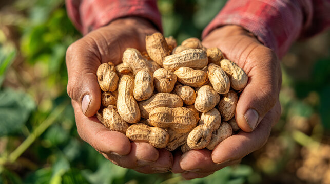 A farmer holding a handful of freshly harvested peanuts in their cupped hands outdoors