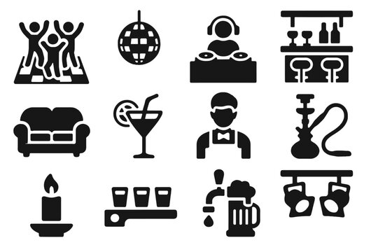 Nightlife Icon Set. Solid style icons of Nightlife bar: dance floor, disco ball, DJ booth, bar counter, lounge sofa, neon cocktail