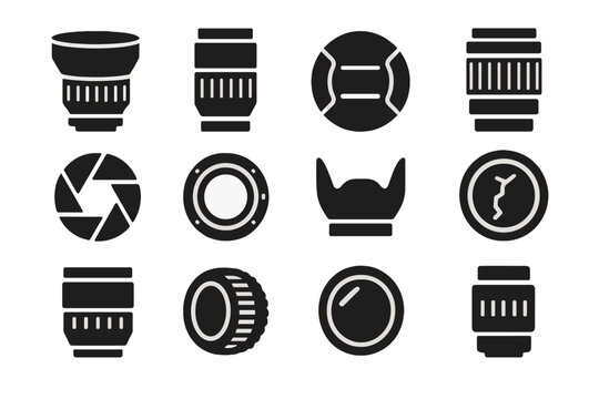 Camera Lens Icons. Solid style icons of Camera Lenses: wide lens, telephoto lens, lens cap, zoom ring, aperture blades, lens mount