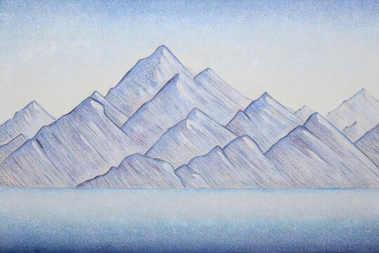 Abstract Mountain Range Drawing in Cool Blues and Whites - Powered by Adobe