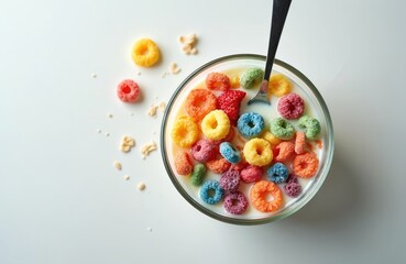Bright breakfast cereal in a bowl with spoon. Colourful fruit loops and milk on a white table. Sweet and tasty snack. Top view food still life. Kids morning meal.