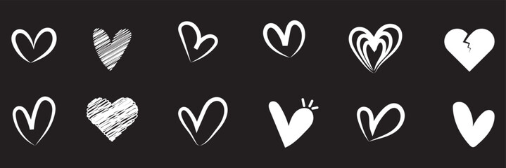 Set of heart doodle element vector. Hand drawn doodle style collection of different heart, love symbol. Illustration design for print, cartoon, card, decoration, sticker, icon, valentine day. Black 
