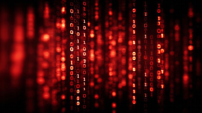 Digital information streams downward in glowing red binary code against a dark background