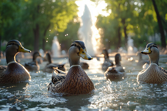 Ducks swimming in a city park fountain surrounded by urban landscape and golden trees, generative ai - Powered by Adobe