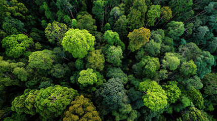 Naklejka premium bird's eye view of rainforest tree canopy with green leaves