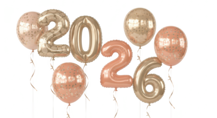Celebratory 2026 balloons in rose gold and copper, symbolizing new year and future achievements