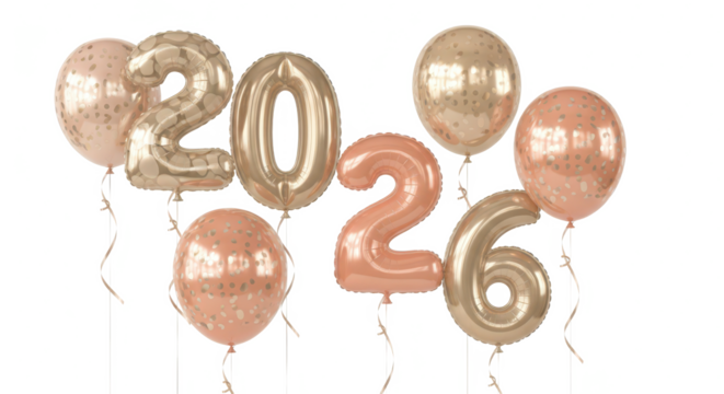 Celebratory 2026 balloons in rose gold and copper, symbolizing new year and future achievements