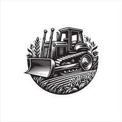 Vintage Agricultural Bulldozer Vector Logo Illustration in Farm Landscape