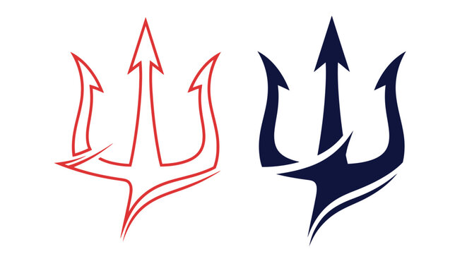 Two trident designs, one red outline and one solid navy blue, side by side.